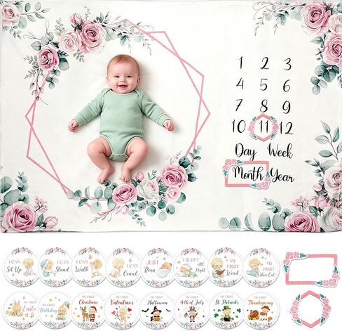 Baby Monthly Milestone Blanket Baby Growth Chart Photo Prop Gift | Soft First 12 Month Blanket with 16 Holiday Stickers Newborn Nursery Decor Bliss Baby Gift Floral Rose Theme 60"x40" in Saudi Arabia