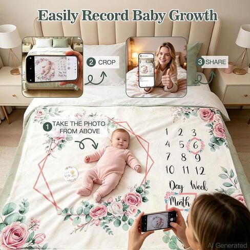 Baby Monthly Milestone Blanket Baby Growth Chart Photo Prop Gift | Soft First 12 Month Blanket with 16 Holiday Stickers Newborn Nursery Decor Bliss Baby Gift Floral Rose Theme 60"x40" in Saudi Arabia