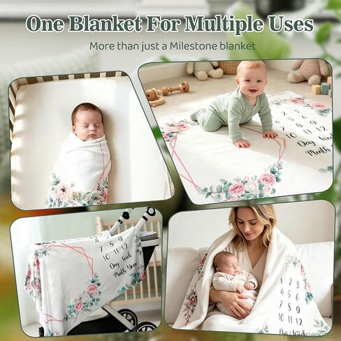 Baby Monthly Milestone Blanket Baby Growth Chart Photo Prop Gift | Soft First 12 Month Blanket with 16 Holiday Stickers Newborn Nursery Decor Bliss Baby Gift Floral Rose Theme 60"x40" in Saudi Arabia