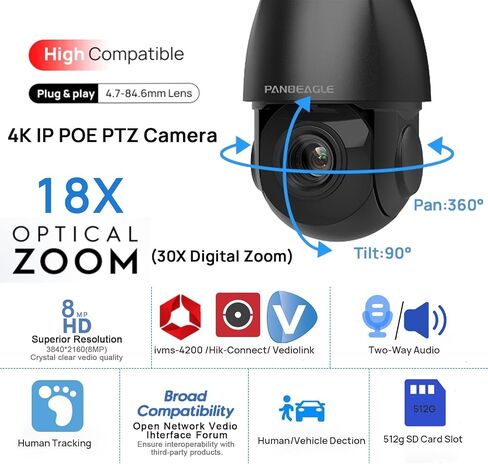 PANOEAGLE 4K 8MP PTZ PoE IP Camera Outdoor with 25X Optical Zoom | Human/Vehicle Detection, Two-Way Talk, 328ft IR Night Vision,SD Slot(512GB), IP66,NDAA Compatible PTZ PoE Camera in Saudi Arabia