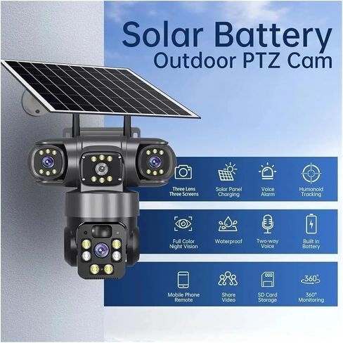 15MP IP WiFi Camera Solar Camera Outdoor 3 Lens 3 Screen 10X Zoom PIR Human Detect Cameras Night Vision CCTV Security Protection(EU Plug,Solar Panels 256G) in Kuwait