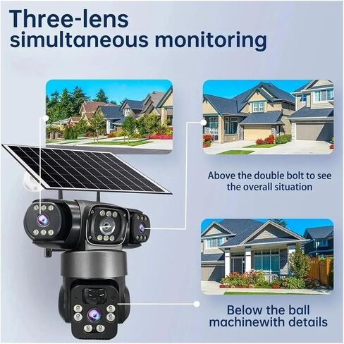 15MP IP WiFi Camera Solar Camera Outdoor 3 Lens 3 Screen 10X Zoom PIR Human Detect Cameras Night Vision CCTV Security Protection(EU Plug,Solar Panels 256G) in Kuwait
