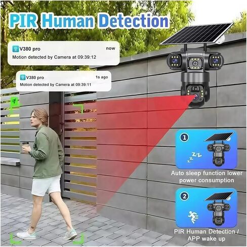 15MP IP WiFi Camera Solar Camera Outdoor 3 Lens 3 Screen 10X Zoom PIR Human Detect Cameras Night Vision CCTV Security Protection(EU Plug,Solar Panels 256G) in Kuwait