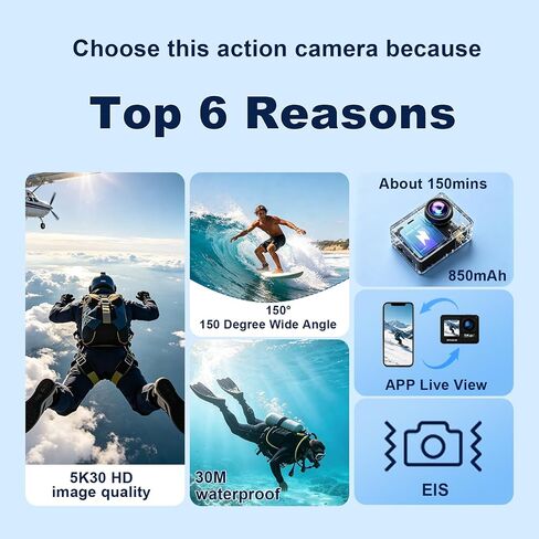 5K WiFi Action Camera with Dual Screens, 150° Wide Angle & EIS | Dual 2.0" & 1.3" Screens, 20MP Photos, 98FT Waterproof Case, 4K/30FPS Stabilization, Ideal for Travel and Sports in Kuwait