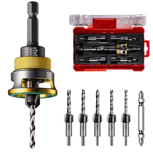 5 Pcs Countersink Drill Bit Set with Low Friction Depth Stop, HSS M2 Bits Tapered Head1/8 9/64" 5/32" Drill+3/8" 82° Counter-Bore,11/64" 3/16" Drill+ 1/2" 82° Counter Bore,1/4" Hex Shank(Red) in Saudi Arabia