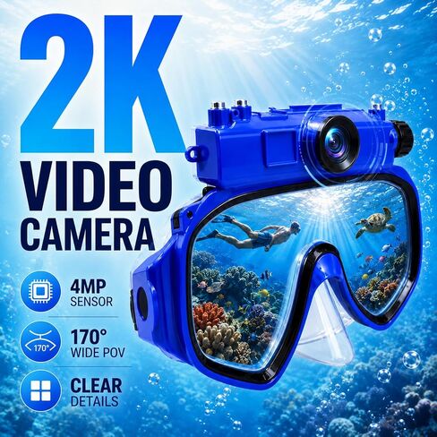 2K Diving Mask Camera for Snorkeling and Swimming | 15 m Waterproof, Detachable Design, Wi-Fi Viewing, Type-C Charging & 16GB TF Card in Saudi Arabia