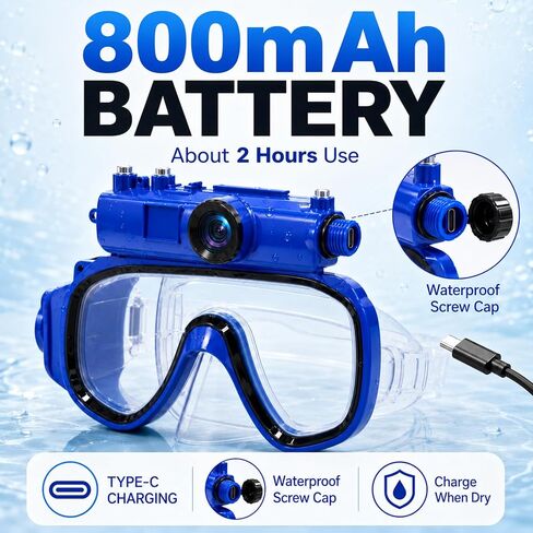 2K Diving Mask Camera for Snorkeling and Swimming | 15 m Waterproof, Detachable Design, Wi-Fi Viewing, Type-C Charging & 16GB TF Card in Saudi Arabia