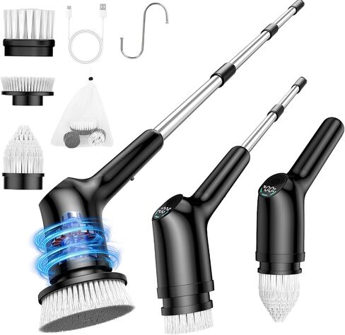 Shower Scrubber with Long Handle for Cleaning Bathroom, Electric Spin Scrubber Cleaning Brush with IPX7 Waterproof & 2Speed, 3Brush Heads, Bathroom Cleaning Supplies for Shower Tub Tile Toilet, Black in Saudi Arabia