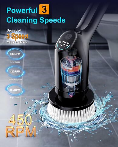 Shower Scrubber with Long Handle for Cleaning Bathroom, Electric Spin Scrubber Cleaning Brush with IPX7 Waterproof & 2Speed, 3Brush Heads, Bathroom Cleaning Supplies for Shower Tub Tile Toilet, Black in Saudi Arabia