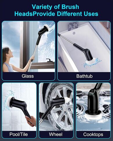 Shower Scrubber with Long Handle for Cleaning Bathroom, Electric Spin Scrubber Cleaning Brush with IPX7 Waterproof & 2Speed, 3Brush Heads, Bathroom Cleaning Supplies for Shower Tub Tile Toilet, Black in Saudi Arabia