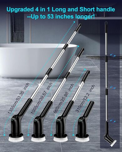 Shower Scrubber with Long Handle for Cleaning Bathroom, Electric Spin Scrubber Cleaning Brush with IPX7 Waterproof & 2Speed, 3Brush Heads, Bathroom Cleaning Supplies for Shower Tub Tile Toilet, Black in Saudi Arabia