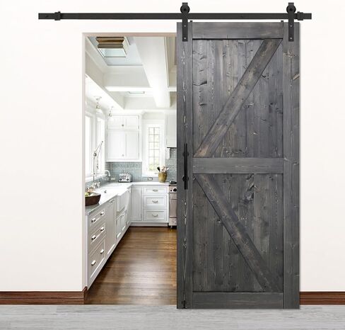 S&Z TOPHAND® 34in x 84in Deep Gray Knotty Pine Barn Door with 6.6FT Sliding Hardware Kit/Solid Wood/Simple Assembly is Required in Saudi Arabia