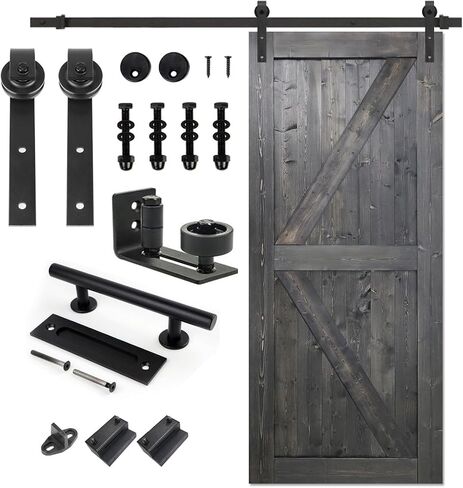 S&Z TOPHAND® 34in x 84in Deep Gray Knotty Pine Barn Door with 6.6FT Sliding Hardware Kit/Solid Wood/Simple Assembly is Required in Saudi Arabia