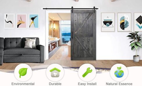 S&Z TOPHAND® 34in x 84in Deep Gray Knotty Pine Barn Door with 6.6FT Sliding Hardware Kit/Solid Wood/Simple Assembly is Required in Saudi Arabia