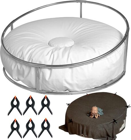 Newborn Photography Stand with Beanbag(Unfilled) and 6 Clamps Set Stainless Steel Baby Posing Table Photoshoot Stand Backdrop Ring Frame Infan Round Background Station for Newborn Photo Sessions in Kuwait
