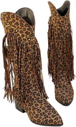 Cowboy Boots for Women - Cowgirl Boots with Leopard Pointed Toe Western Boot Chunky Heel Calf Botas Vaqueras Stylish Low Block Heel Platform with Zipper Closure in Saudi Arabia