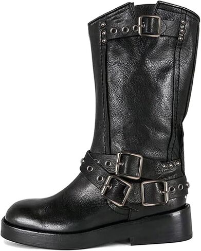 Agodor Black Women's Mid Calf Boots Chunky Low Heel Riding Buckle Boot for Women Squared Toe Motorcycle Boots Slip On Riding Biker Booties US9 in Saudi Arabia