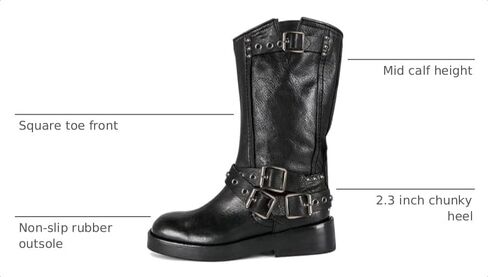 Agodor Black Women's Mid Calf Boots Chunky Low Heel Riding Buckle Boot for Women Squared Toe Motorcycle Boots Slip On Riding Biker Booties US9 in Saudi Arabia