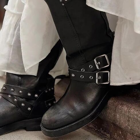 Agodor Black Women's Mid Calf Boots Chunky Low Heel Riding Buckle Boot for Women Squared Toe Motorcycle Boots Slip On Riding Biker Booties US9 in Saudi Arabia