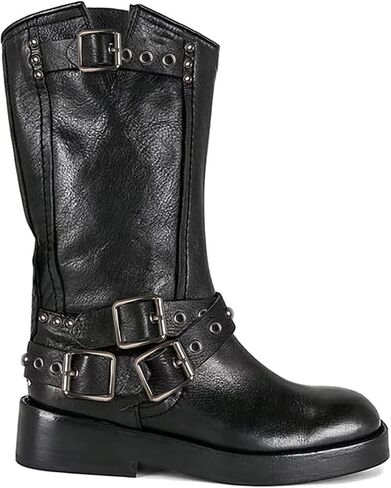 Agodor Black Women's Mid Calf Boots Chunky Low Heel Riding Buckle Boot for Women Squared Toe Motorcycle Boots Slip On Riding Biker Booties US9 in Saudi Arabia