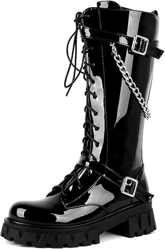 Parisuit Womens Goth Platform Combat Boots Knee High Lace Up Boots | Lug Sole, Chunky Heel Mid Calf Boots, Buckle Boots, Chain Boots, Punk Shoes in Saudi Arabia