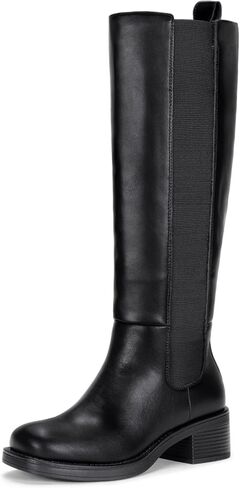Women's Elastic Band Knee High Boots, Round Toe Pull On Tall Boots | Equestrian full-length side zipper, stretch gusset panels, low block heel, comfort synthetic leather, memory foam, work wear in Saudi Arabia