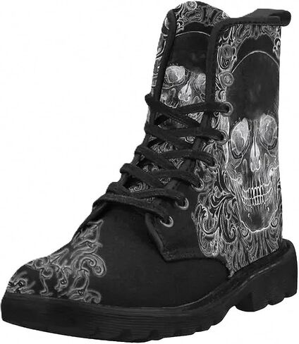 Women Ankle Boots Goth Skull Floral Rose Flame Lace-up Leather Lightweight Combat Booties Round Toe Platform with Jeans Dress Fashion Casual Everyday Travel Party Spring Fall Winter in Saudi Arabia