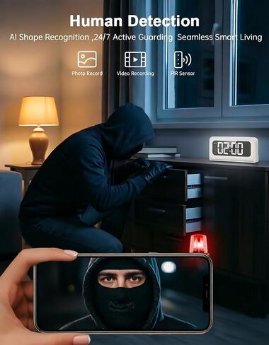 2K Alarm Clock Camera, 5G & 2.4G WiFi Indoor Nanny Cam for Home Security, Full Color Night Vision, AI Human Motion Detection, Local SD Storage in Saudi Arabia