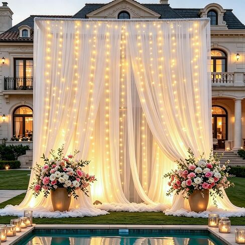 10×10ft White Tulle Backdrop Curtains with Lights String for Wedding Parties Sheer Backdrop Curtain Backdrop for Engagement Bridal Baby Shower Birthday Party Home Decoration 5ft×10ft, 2 Panels in Saudi Arabia