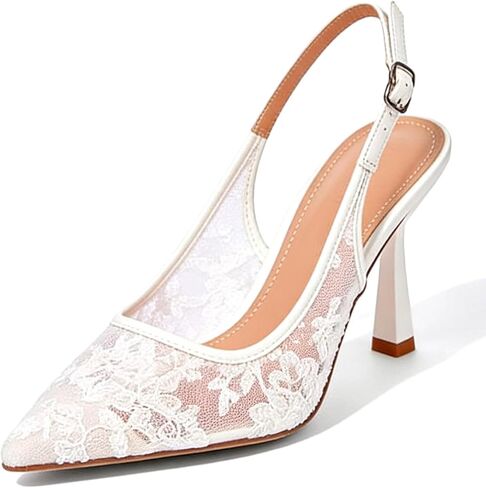 Womens Lace Mesh Closed Toe Kitten Heeled Sandals Comfort Pointed Toe Backless High Heels With Ankle Buckle Strap Prom Party Wedding Bridal Shoes in Kuwait
