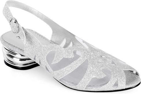 ANN CREEK Women's Slingback Sandal Shoe Peep Toe Round Metal Heels Glittering Mesh Upper Back Slingback Heels Shiny Chunky Low Block Heels in Saudi Arabia