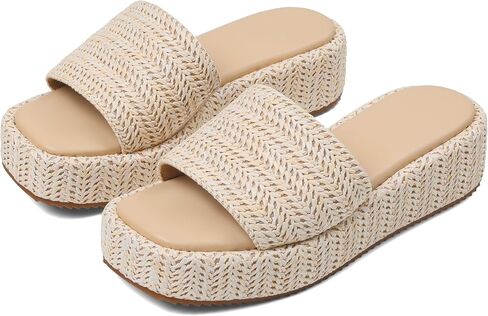 EQAUDES Platform Sandals Women Summer Beach Wedge Espadrille Raffia Slides | platform slip on sandal, open toe straw woven shoes for summer outfits, beach days and vacations in Saudi Arabia