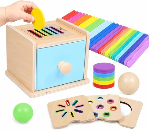 4-in-1 Montessori Coin Box, Wooden Montessori Toys for 1+ Year Old | Object Permanence Ball Drawer Drop Box, Learning Color Sorting Sensory Fine Motor Skills Toys, 1st Birthday Girl Boy Gifts in Saudi Arabia