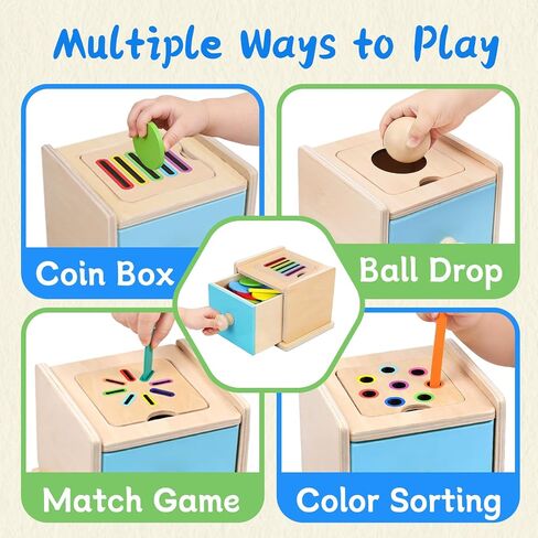 4-in-1 Montessori Coin Box, Wooden Montessori Toys for 1+ Year Old | Object Permanence Ball Drawer Drop Box, Learning Color Sorting Sensory Fine Motor Skills Toys, 1st Birthday Girl Boy Gifts in Saudi Arabia