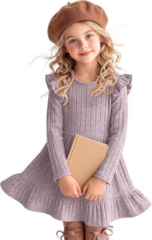 Toddler Girls' Long Sleeve Sweater Dress | 3-8y, Ruffle Sleeve, Ribbed Knit, Crewneck, A-line, Fall Outfit, Winter, Spring, Layering, Casual, Back to School, Festival in Saudi Arabia