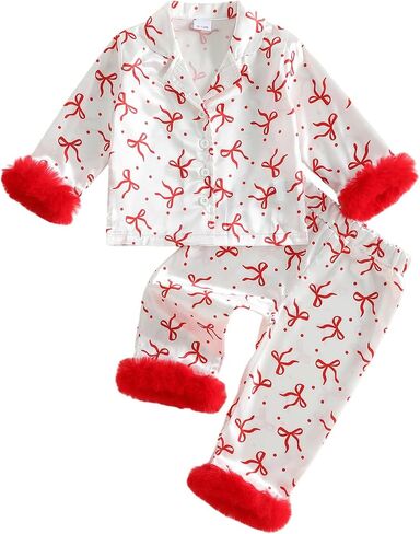 Toddler Girl Fall Satin Pajamas Set Fuzzy Bow Print Lapel Tops and Pants | Kids Satin Pajamas Toddler Girl Bow Print Feather Trim Pajama Set 2 Piece Button Down Lapel Shirt and Pants Girls Sleepwear in Saudi Arabia