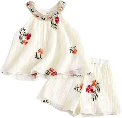 Infant Baby Girl Floral Embroidery Romper Dress Summer Boho Vintage Sleeveless Ruffles Bodysuit in Kuwait