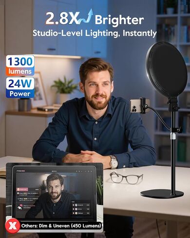 1300 Lumens Ring Light with Stand for Desk, Computer & Laptop – Podcast & Streaming Light with Flexible Phone Holder, CRI 98+ Bright Yet Soft Influencer Light for Video Recording, Conference & Calls in Saudi Arabia