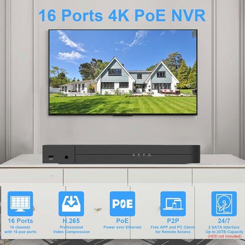 16 Channel 4K PoE Network Video Recorder NVR, 16 Port H.265 NVR | Support 4K/2K/8MP/5MP/3MP/1080P PoE Camera, Remote Access, Motion Alarm, 24/7 Recording, Smart Playback, No Hard Disk Drive in Saudi Arabia