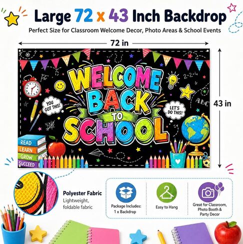 Welcome Back to School Backdrop 72x43 Inch Polyester Fabric, Colorful Chalkboard Classroom Banner, First Day of School Photo Background for Wall Party Decorations in Saudi Arabia