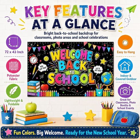 Welcome Back to School Backdrop 72x43 Inch Polyester Fabric, Colorful Chalkboard Classroom Banner, First Day of School Photo Background for Wall Party Decorations in Saudi Arabia