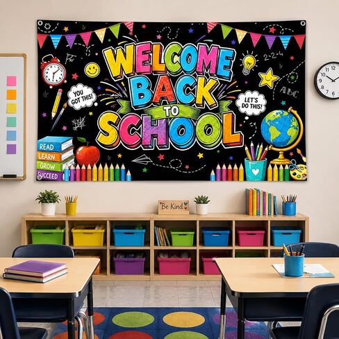 Welcome Back to School Backdrop 72x43 Inch Polyester Fabric, Colorful Chalkboard Classroom Banner, First Day of School Photo Background for Wall Party Decorations in Saudi Arabia