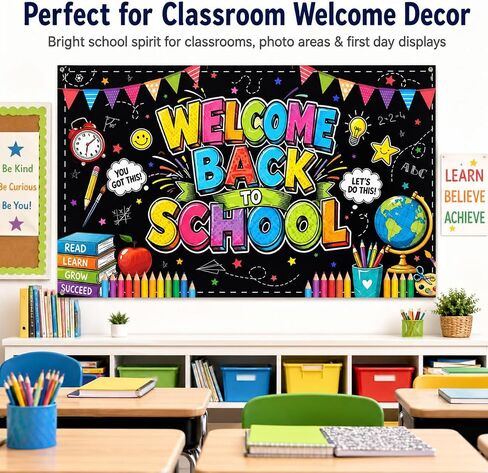 Welcome Back to School Backdrop 72x43 Inch Polyester Fabric, Colorful Chalkboard Classroom Banner, First Day of School Photo Background for Wall Party Decorations in Saudi Arabia