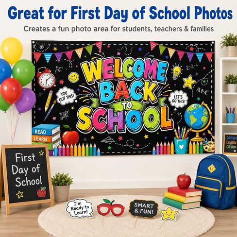 Welcome Back to School Backdrop 72x43 Inch Polyester Fabric, Colorful Chalkboard Classroom Banner, First Day of School Photo Background for Wall Party Decorations in Saudi Arabia