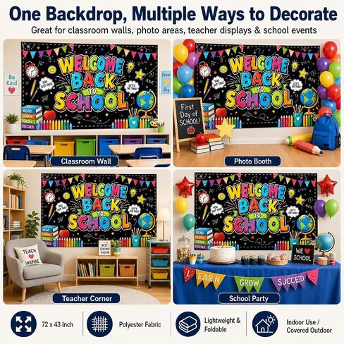 Welcome Back to School Backdrop 72x43 Inch Polyester Fabric, Colorful Chalkboard Classroom Banner, First Day of School Photo Background for Wall Party Decorations in Saudi Arabia