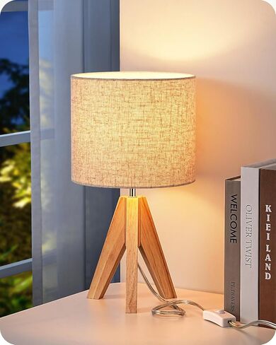 EDISHINE Small Cute Table Lamp, Wood Tripod Nightstand Lamp, 14.2 Inch | ON/Off Switch, E26 Socket, Linen Fabric Shade, Mid Century Bedside Lamp for Nursery, Living Room, Bedroom, End Table in Saudi Arabia