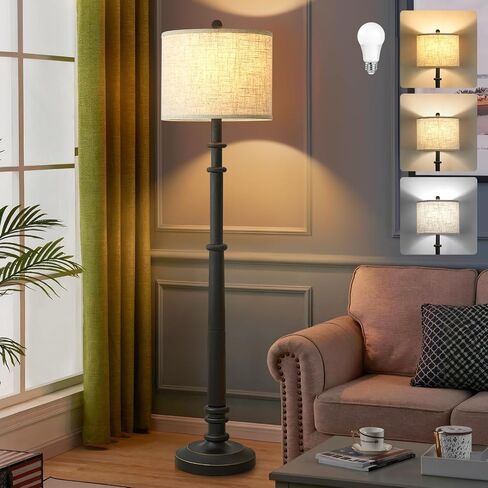 Floor Lamps for Living Room - 60" Farmhouse Floor Lamp with Adjustable Color Temperatures - Vintage Standing Lamp Reading Light with Linen Shade Retro Tall Lamp for Bedroom Office, Almond White in Saudi Arabia