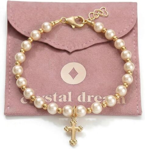 Christening 14KT Gold-Filled Beads | Cream European Simulated Pearls | Cross Charm Luxury Baby Bracelet | Baptism Unisex Child Bracelet in Kuwait