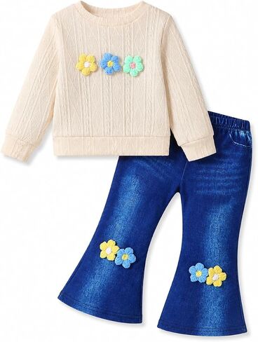 Renotemy Toddler Girl Clothes Fall Little Girls Outfits Baby Gift 12M-5Y | Toddler Girls Clothing,Soft Knit Fabric Sweater and Elastic Waist Flare Pants 2Pc Set,Christmas Birthday Gifts,Back to School in Saudi Arabia