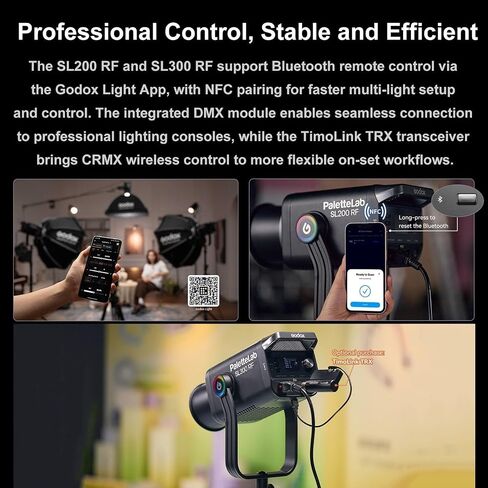 Godox SL200 RF Full Color RGB LED Video Light,PaletteLab Color Engine,230W | Full-Spectrum Output,92% Rec.2020 Coverage,CRI 98,TLCI 99,14FX,1800K-10000K CCT,APP Control,NFC,DMX/RDM,Flat Bowens Mount in Saudi Arabia